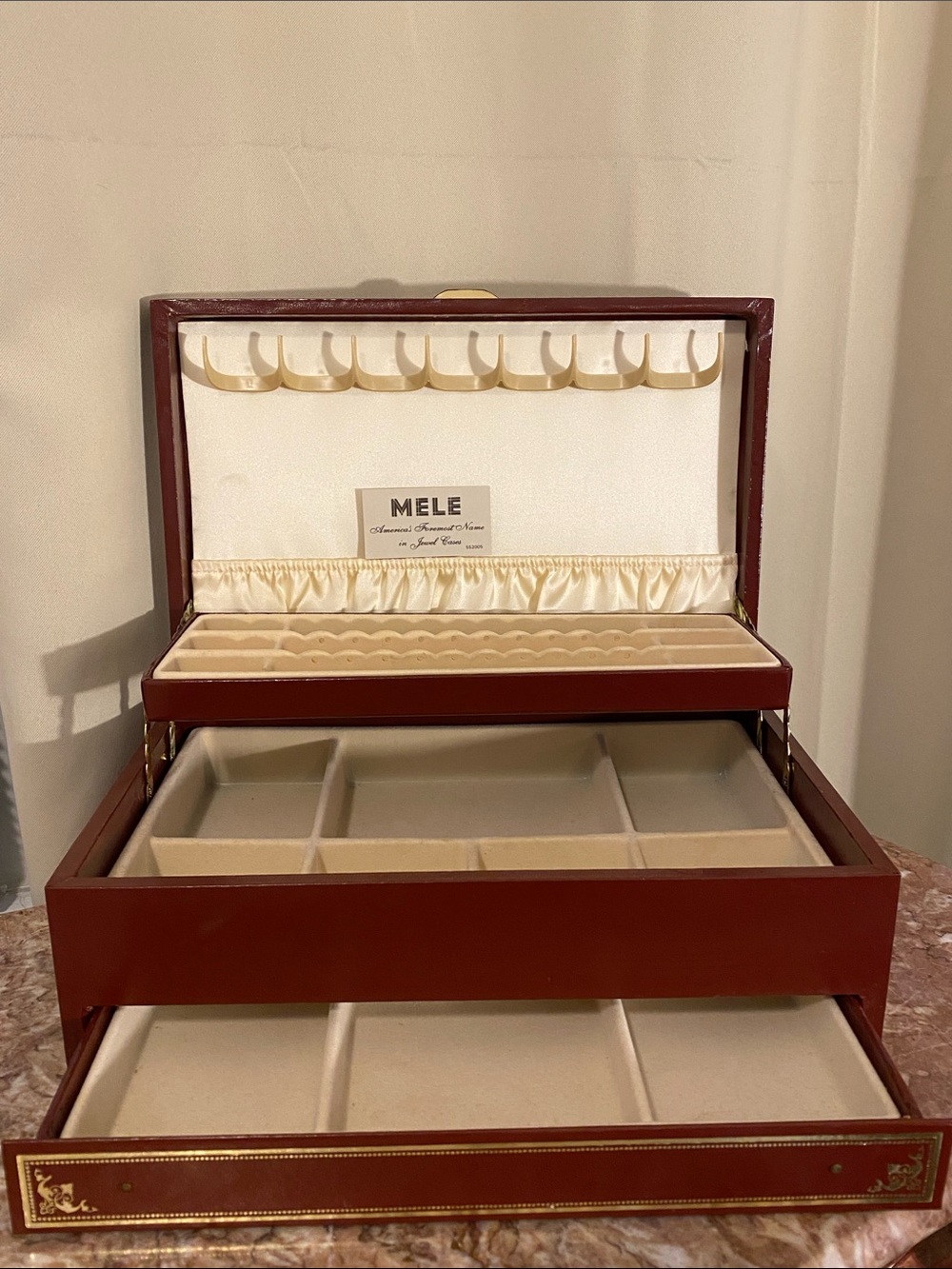 Vintage MELE Burgundy wooden /leather Jewelry Organizer Box with Cream Interior